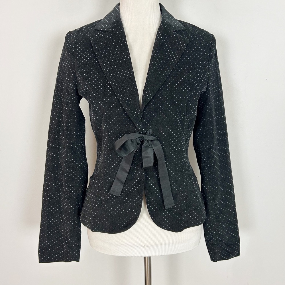 H&M Womens Black Polka Dot Corduroy Blazer Y2K Ribbon Tie Jacket Size 8